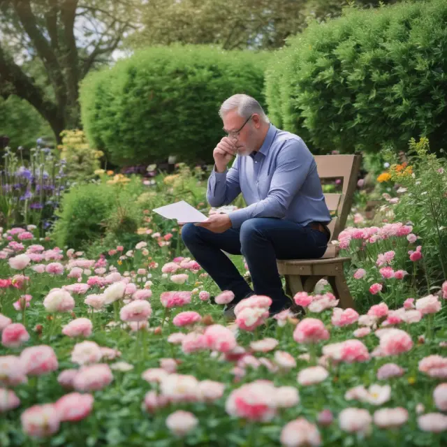 An insurance underwriter examines various flowering plants symbolizing insurance policies, calculating risk and determining premiums.