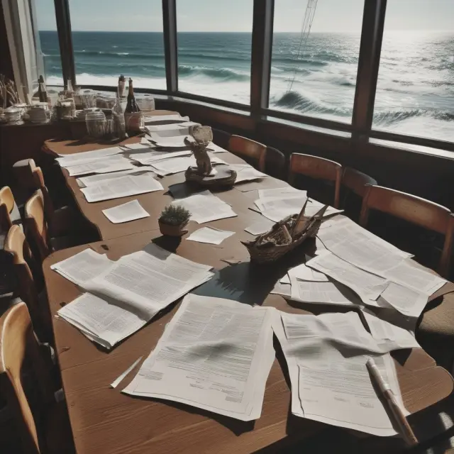 A negotiating table with two parties discussing underwriting fees amidst fluctuating market conditions
