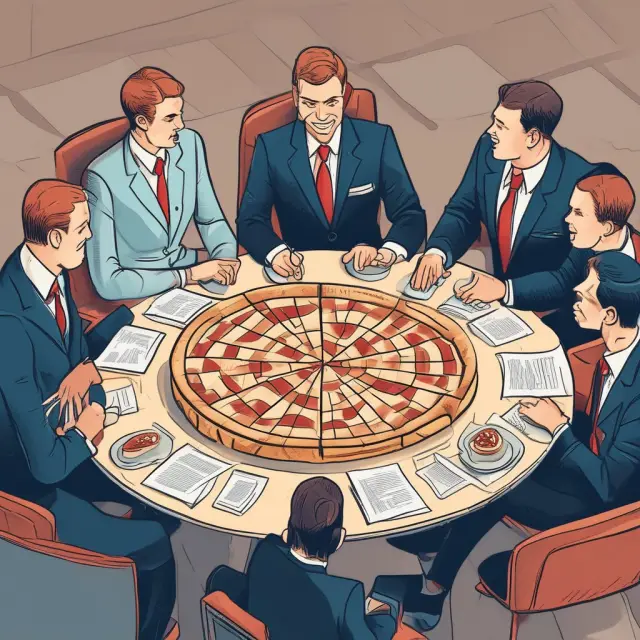 A group of underwriters discussing around a table with a large pie chart showing the distribution of risks and profits