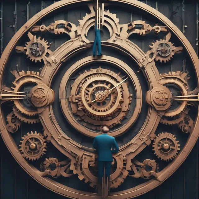 A large clock mechanism with financial entities and investment bankers represented by interconnected gears, signifying shared success and advancement through underwriting groups.