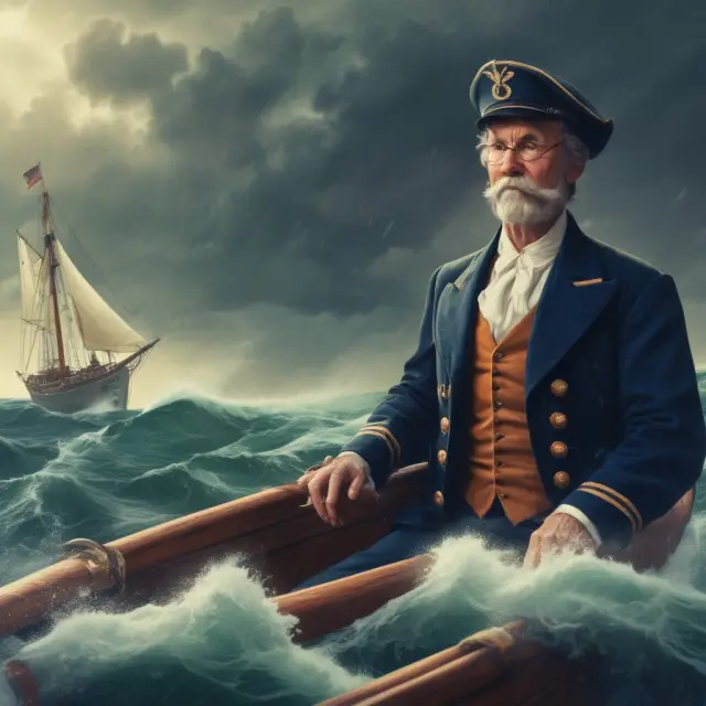 A sea captain meticulously balancing premium revenue on one side of his ship against claims paid and incurred business expenses on the other, navigating stormy waters symbolizing risk and uncertainty