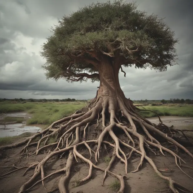 A lush, flourishing tree symbolizing underwriting income is uprooted by the powerful forces of natural disasters