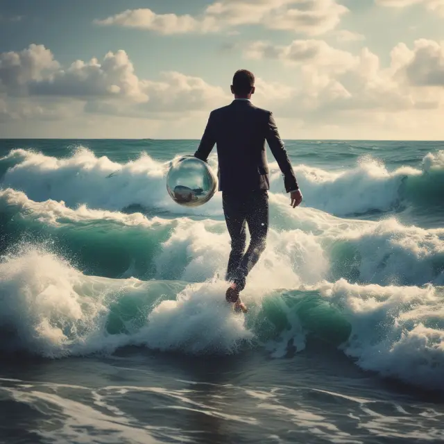 An underwriter on a surfboard, skillfully navigating waves representing the insurance industry