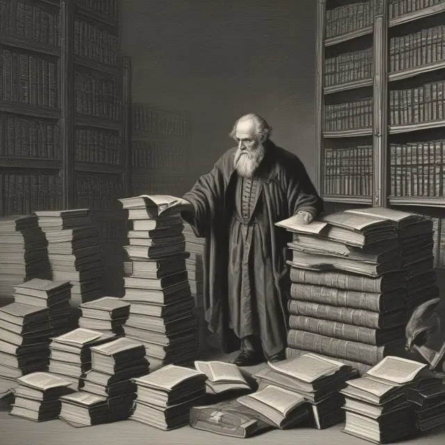 Ancient librarian diligently examining loan applications, surrounded by towering books representing underwriting policies