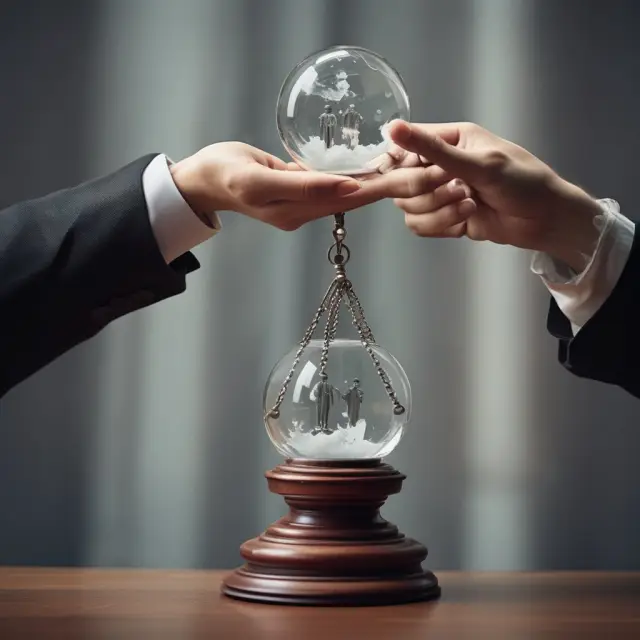 An underwriter meticulously evaluating an application using scales to determine approvals or denials, while peering into a crystal ball for future predictions