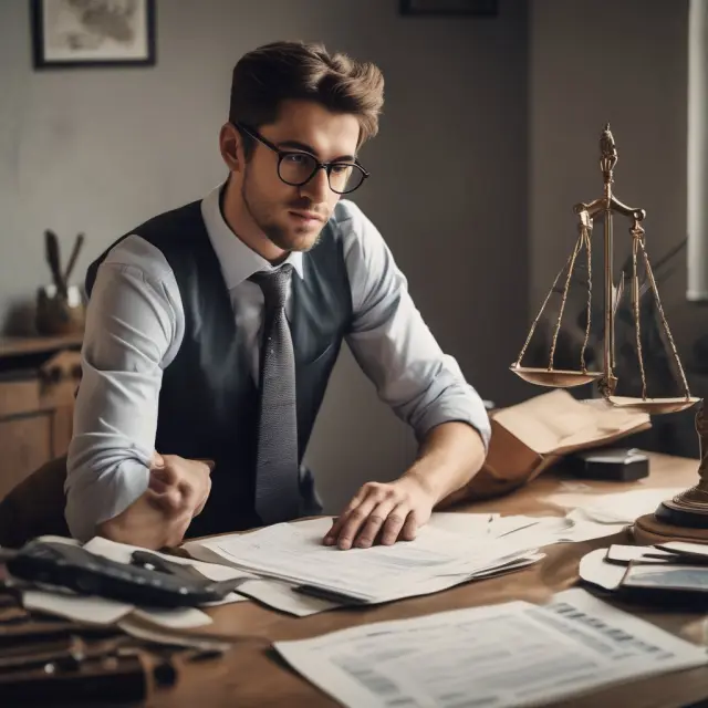 An underwriter evaluating loan applications using a balance scale to represent the complexity of assessing risks.