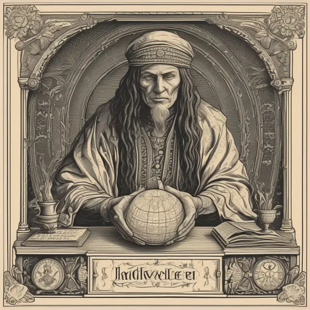 An underwriter examining ancient scrolls and crystal ball filled with financial data to assess risk and make informed decisions.