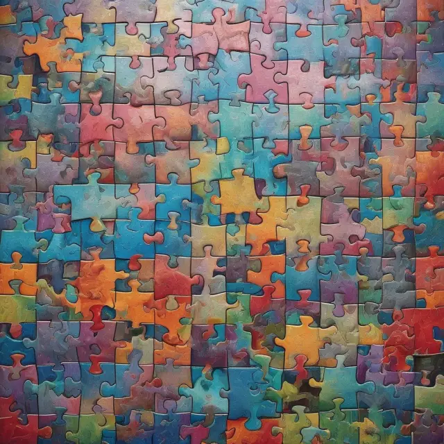 An imaginative depiction of underwriters arranging various financial puzzle pieces to form a complete picture of risk assessment and fair pricing