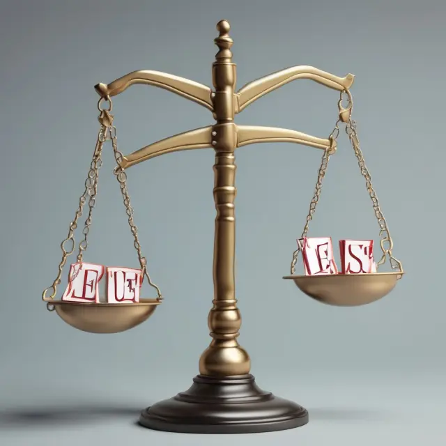 An image of three scales balanced by golden weights labeled