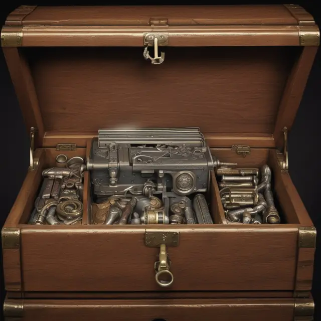 A banker holding a secretive wooden chest filled with gold coins, symbolizing undisclosed reserves as part of Tier 2 capital