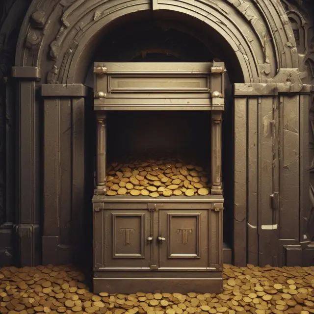 Golden coins symbolizing capital, divided between Tier 1 and Tier 2. Hidden reserve chest in the background.