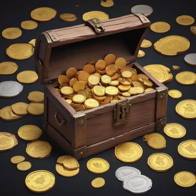 Treasure chest filled with gold coins labeled 