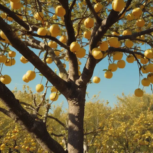 A golden tree with ripe and unripe apples symbolizing undivided profit and current earnings.