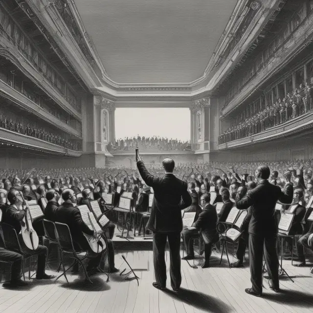 An orchestra conductor directing two groups: Eastern and Western underwriters working harmoniously to sell securities during an IPO.