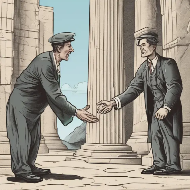 Underwriter and issuer finalizing a deal under the stability of a strong pillar, representing a firm commitment agreement