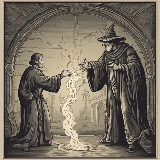 A financial advisor, depicted as a sorcerer, manipulating an investor with a spellbook and wand, emphasizing the hidden dangers of undue influence