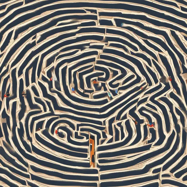 Three figures - a lender, borrower, and investor - navigating an intricate maze symbolizing unearned discounts in finance.