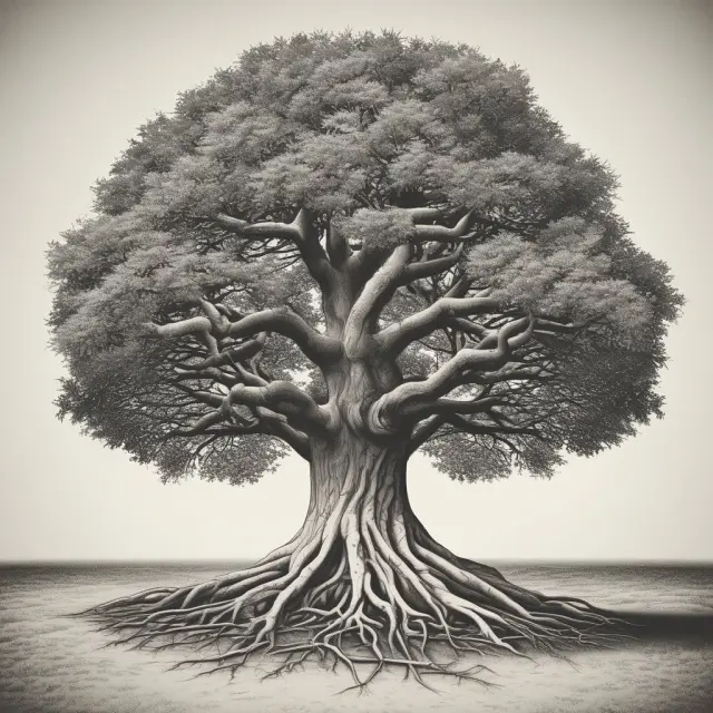 A tree with two intertwined roots symbolizing the two case studies, representing unearned discount calculations and their impact on income statements