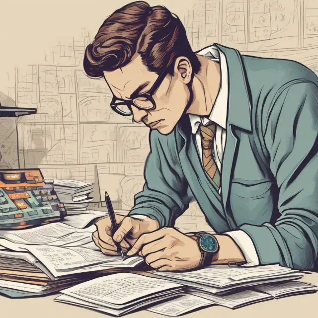 A finance expert sits at a desk, intently calculating unearned interest with the Rule of 78 using a notepad and pencil.