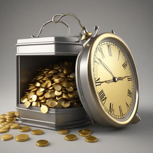 Golden coins in a time capsule symbolize unearned interest. The capsule empties as a clock ticks, illustrating amortization.