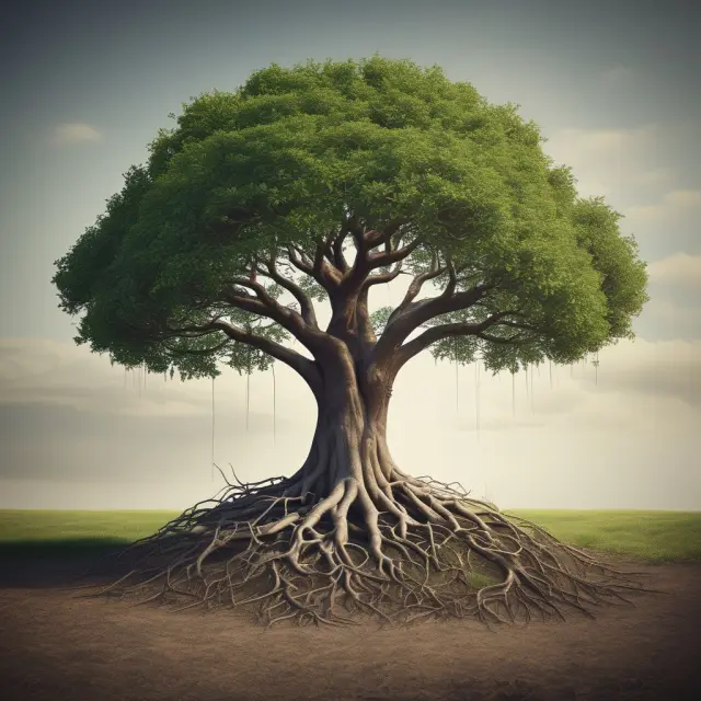Visualizing unearned premiums in insurance as a growing tree with roots intertwined as unearned funds, bearing fruits of earned revenue over time