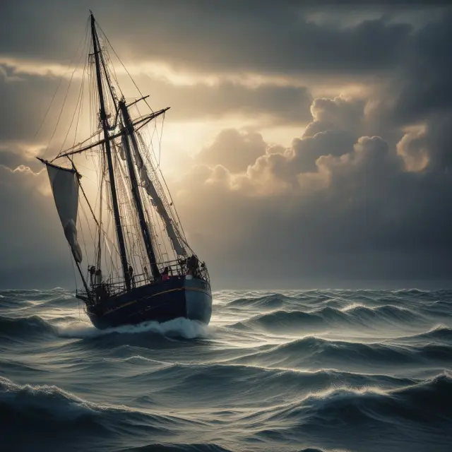 An insurance company sailboat navigating through treacherous financial waters, buoyed by a reserve of unearned premiums