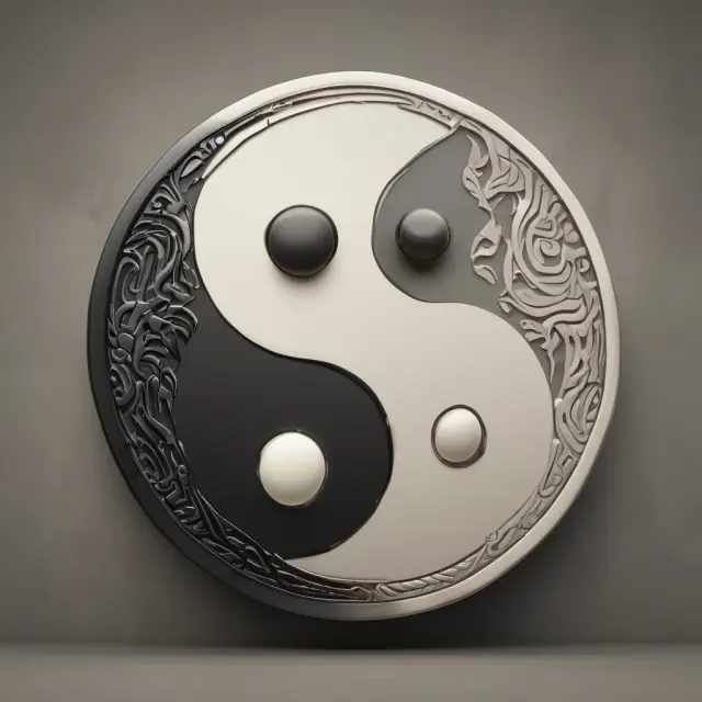 Two yin-yang scales balanced with coins representing earned income (work) and bills symbolizing unearned income (passive income)