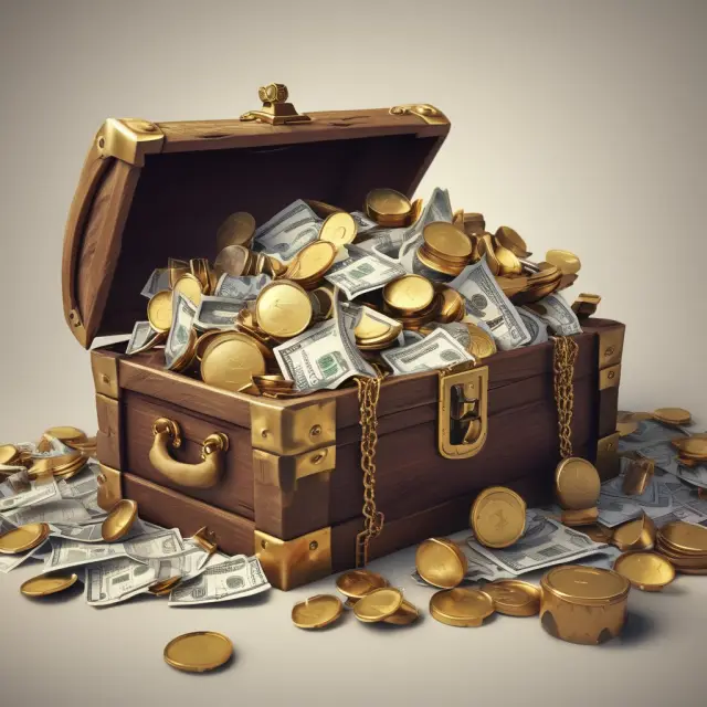 Golden chest filled with various forms of unearned income: stocks, bonds, coins, bills, and dividends