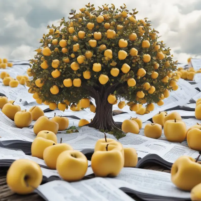 Golden apples symbolize passive income, growing amidst a sea of tax forms, emphasizing tax advantages and flexibility