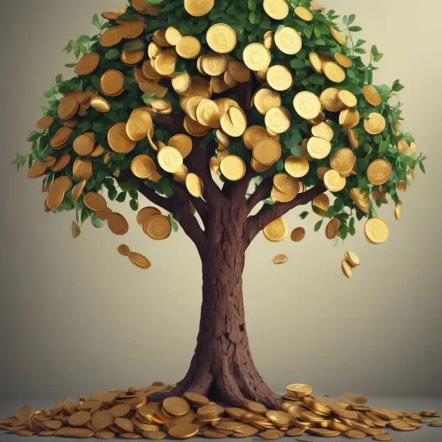 Golden coins falling from a lush money tree: Interest, Dividends, Inheritance, Alimony and Rent