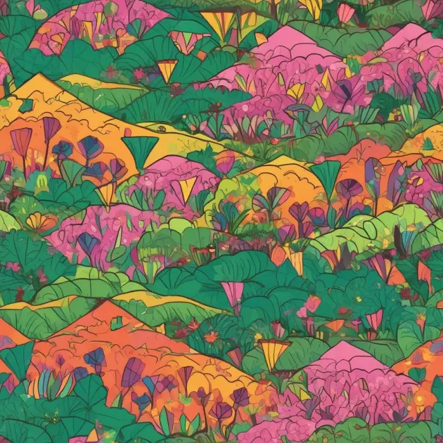An image of a colorful kite flying high in the sky above a lush garden with various financial instruments represented as plants