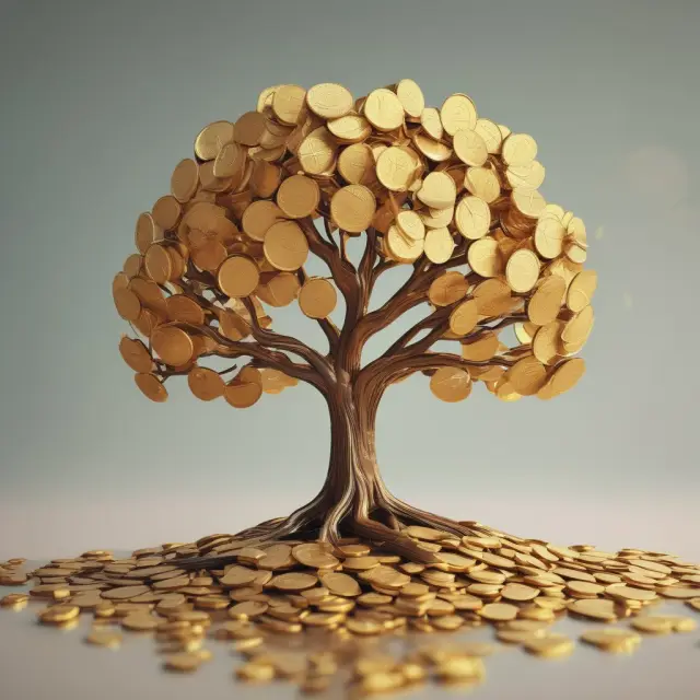 Golden coin tree yielding fruits of unearned income: investments, interest, dividends, and rental earnings.