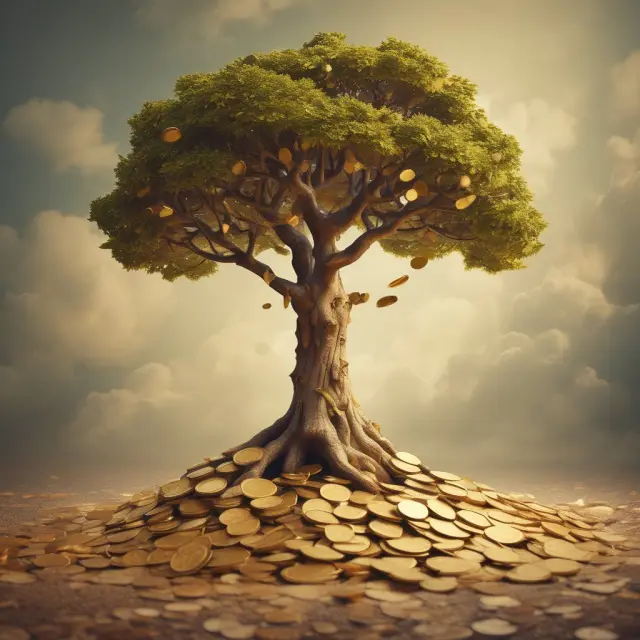 An oak tree emerging from a mound of golden coins, representing the growth and stability businesses experience through managing unearned revenue effectively