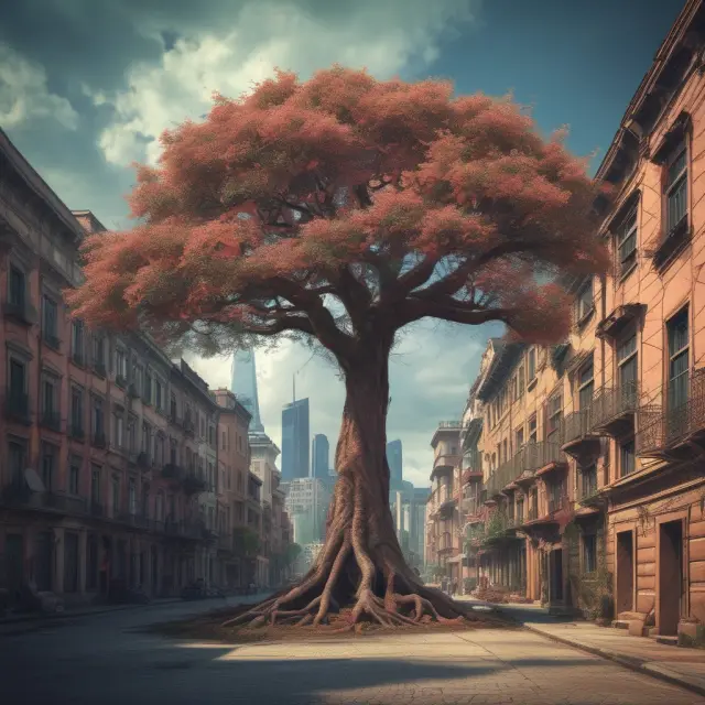 An ancient tree struggling in a bustling cityscape representing uneconomic growth and sustainability concerns