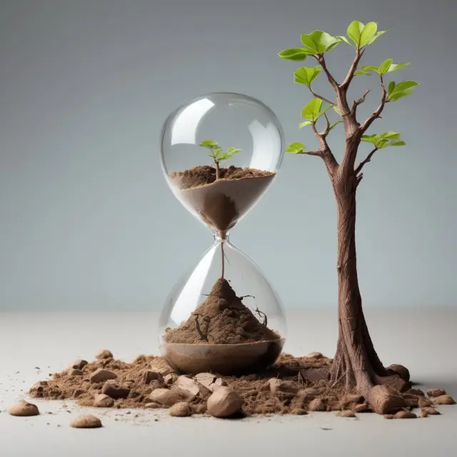 An hourglass filled with sand and a wilting tree, illustrating the concept of uneconomic growth damaging the natural world