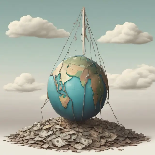 A pair of unequal scales teeters precariously, with human figures representing labor markets and inequality on either side, demonstrating the social consequences of uneconomic growth