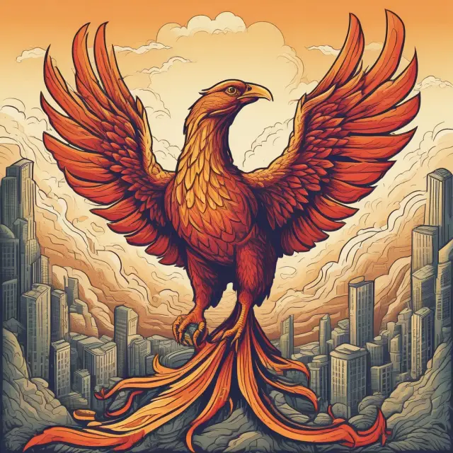 Image of a mythical phoenix in flames, rising from an economic graph, signifying transformation and sustainability