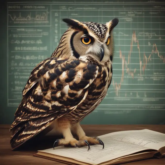 An owl wisely choosing ESG investments from a collection of financial charts
