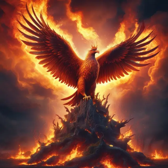 Phoenix rising from the ashes, symbolizing renewal and transition to sustainable growth through ESG investing