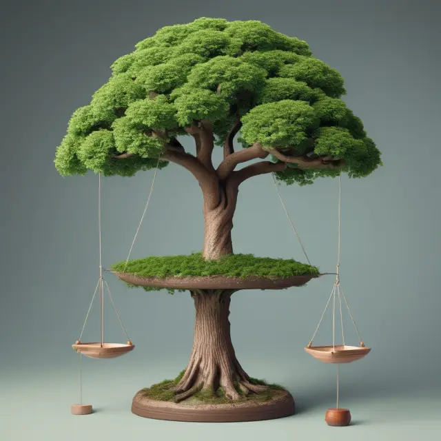 An uneven scale representing the concept of uneconomic growth, with a growing tree tipping towards negative externalities