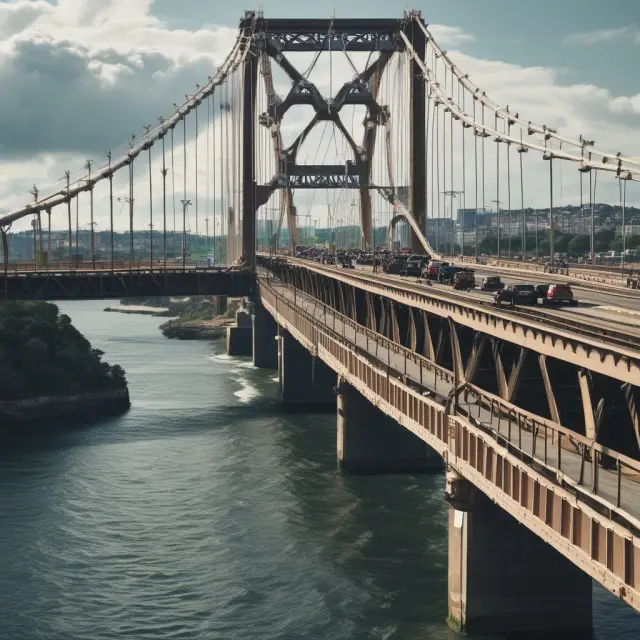 Bridge connecting a turbulent labor market (symbolizing pandemic impact) with government relief programs (FPUC, PUA, PEUC).