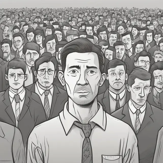 A metaphorical scene with a jobless man camouflaged among unemployed individuals, emphasizing the difference between actively seeking employment and being disengaged from the labor force.