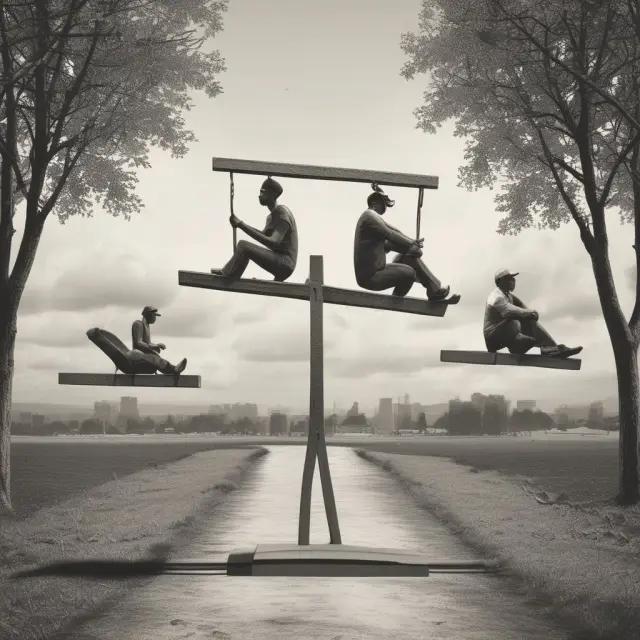 Seesaw with laborers representing jobless claims data, balancing economic stability