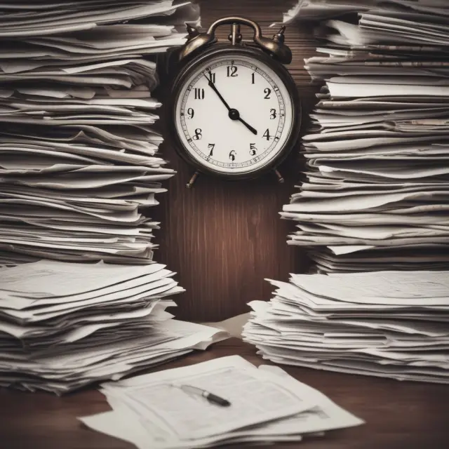 A clock with outstretched hands stacked atop papers signifying the importance of submitting unemployment documents promptly.