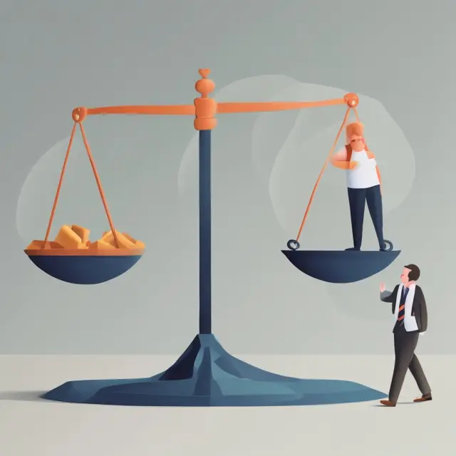 Scale representing employment and unemployment. Person holding a shovel signifies job search efforts.
