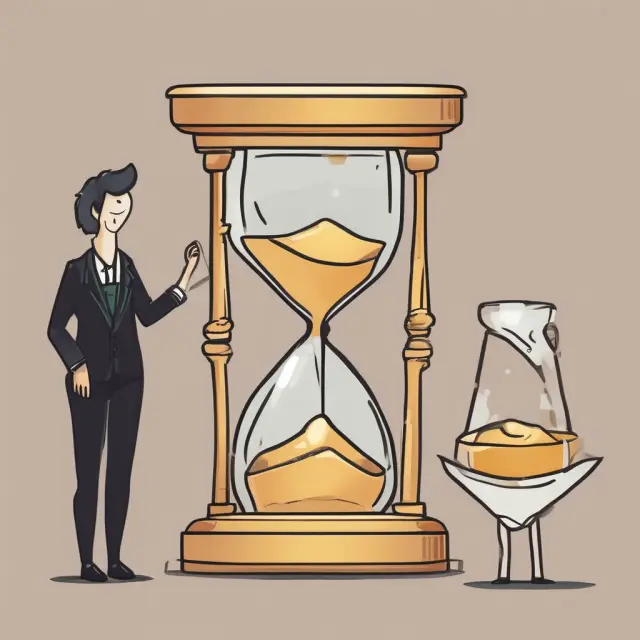 Golden hourglass with two hands labeled 