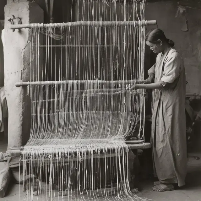 An image of government officials weaving on traditional looms, creating threads of safety nets from historical employment records