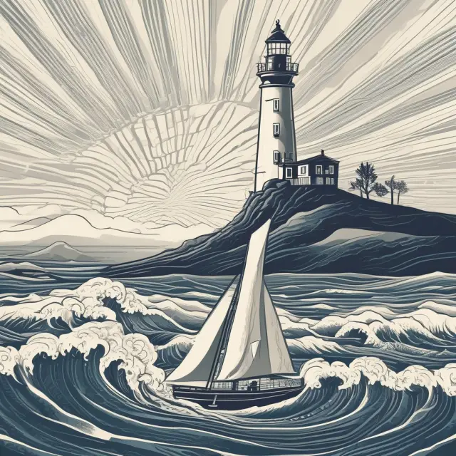 A job seeker on a boat navigating through a choppy sea towards an illuminated lighthouse, symbolizing eligibility requirements and employment opportunities