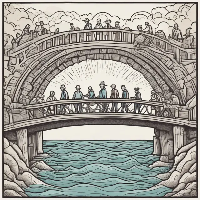Individuals represented by stones forming a bridge over chaotic water, reaching out to traditional unemployment benefit safety net