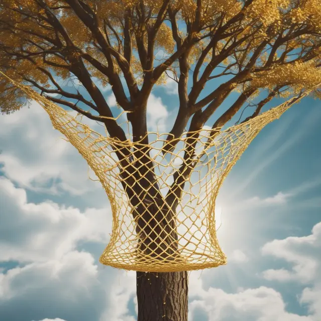 Golden safety net with interconnected threads leading to a growing tree, illustrating PEUC